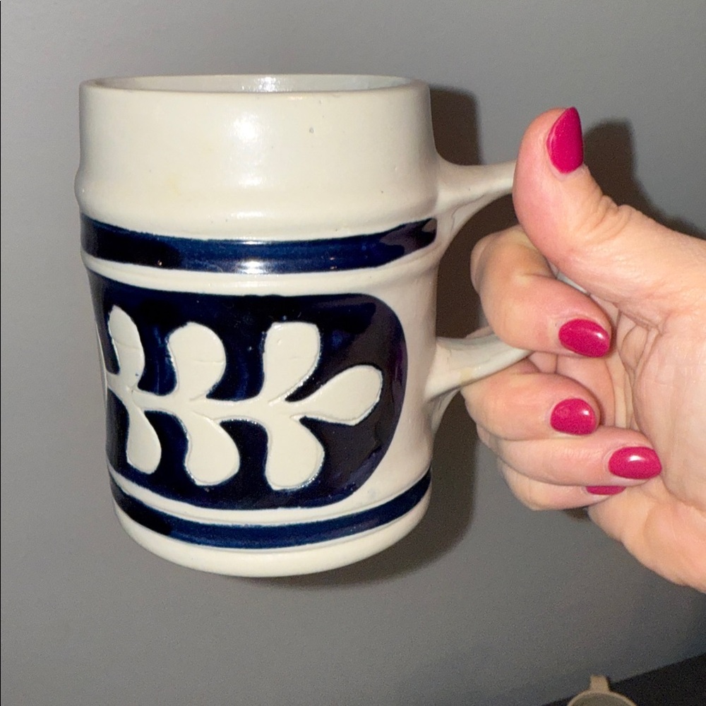 Williamsburg Pottery Mug Grey Background with Navy Cobalt Blue  Glaze Accents